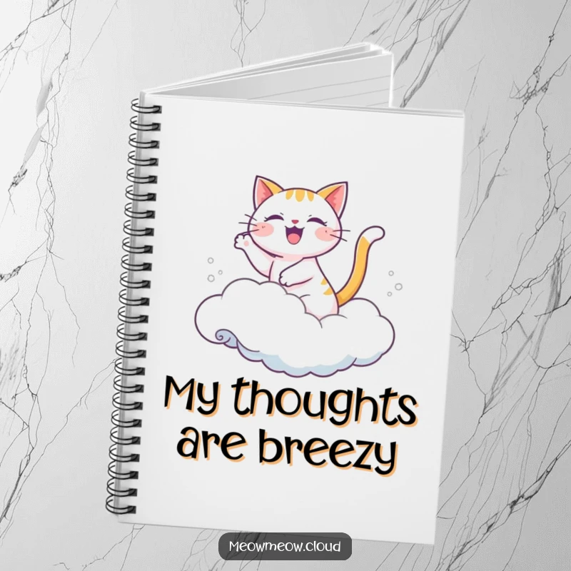 Funny notebook with a joyful cartoon cat riding a cloud like a wave.
