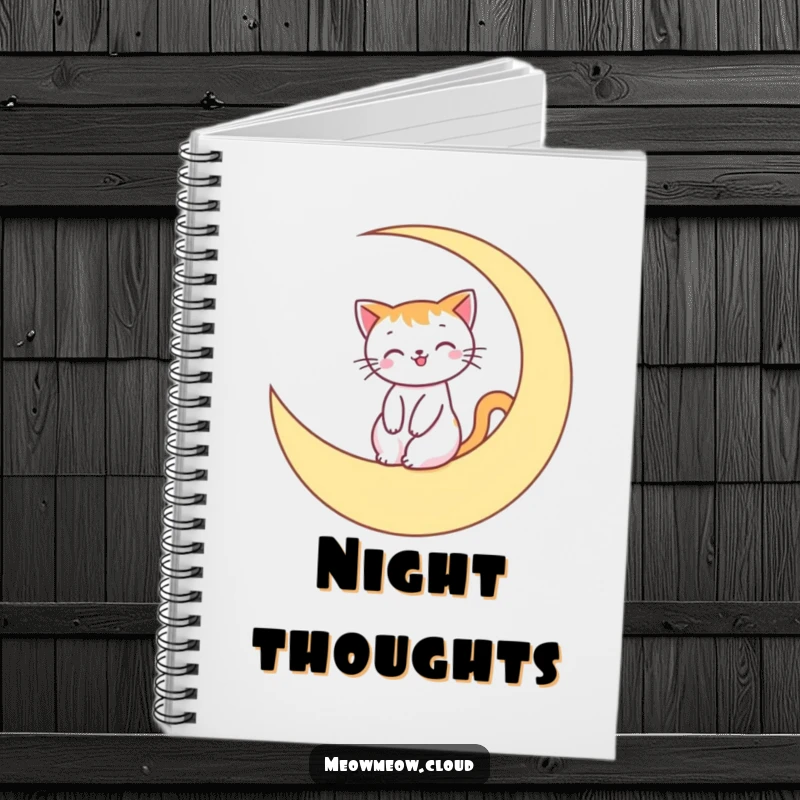 Funny Notebook featuring a smiling cat riding a crescent moon, perfect for jotting down notes and celestial inspirations.