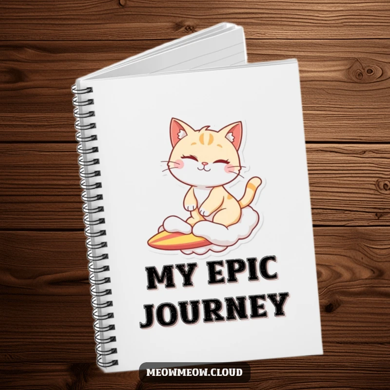 Funny notebook cover featuring a winking cat character surfing on a cloud, great for jotting down cool ideas.