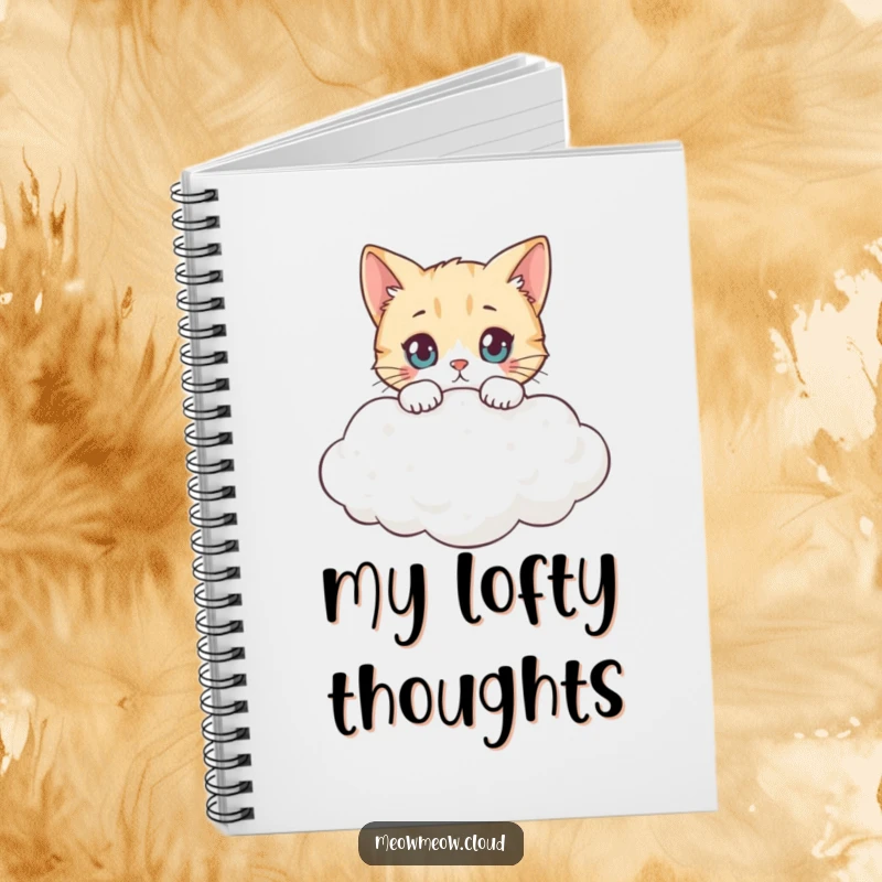Funny curious cat peeking over a cloud edge on a notebook cover, perfect for whimsical notes and funny gifts.
