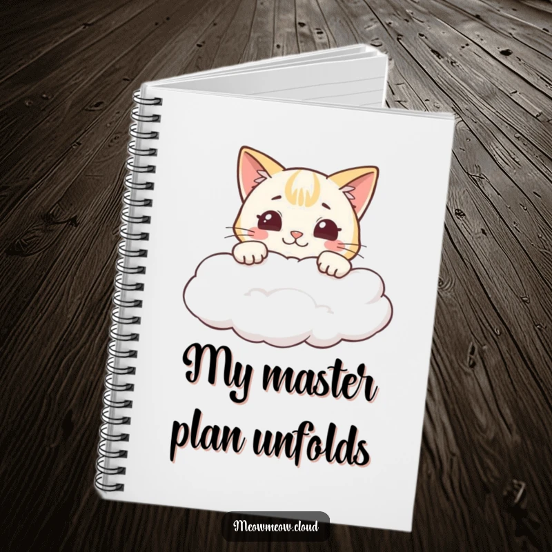 Funny notebook with a cheeky cartoon cat peeking over a cloud, grinning.
