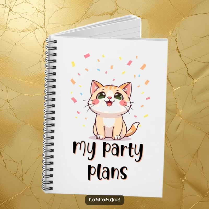 Funny notebook with a happy cat character looking up with wide eyes at falling confetti, perfect for jotting down festive ideas.