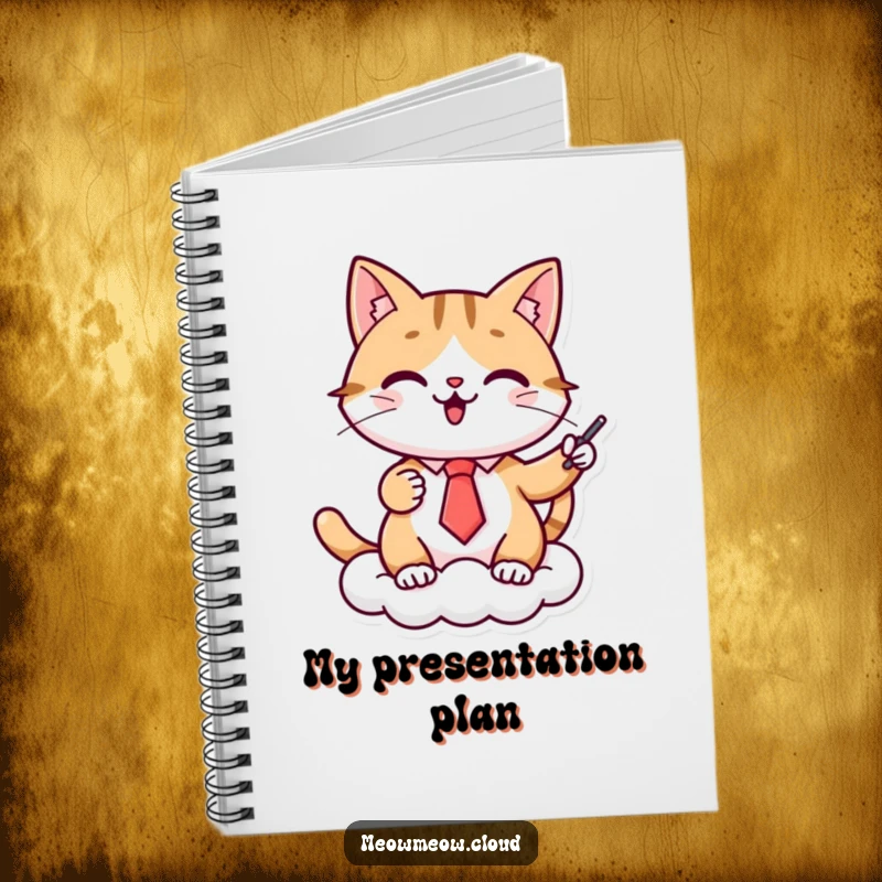 Funny cat presenter notebook, a cheerful cat in a tie gives a presentation on a cloud, ideal for jotting down notes with a humorous touch.