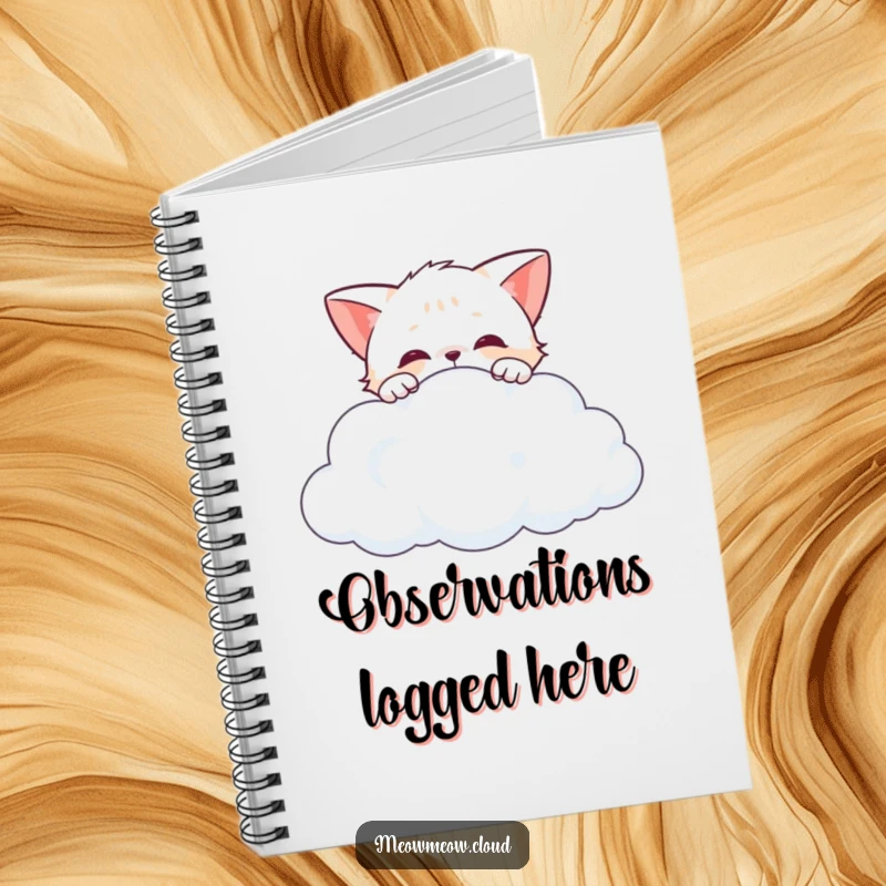 Funny curious cat peeking over the edge of a cloud, a humorous notebook for capturing curious thoughts.