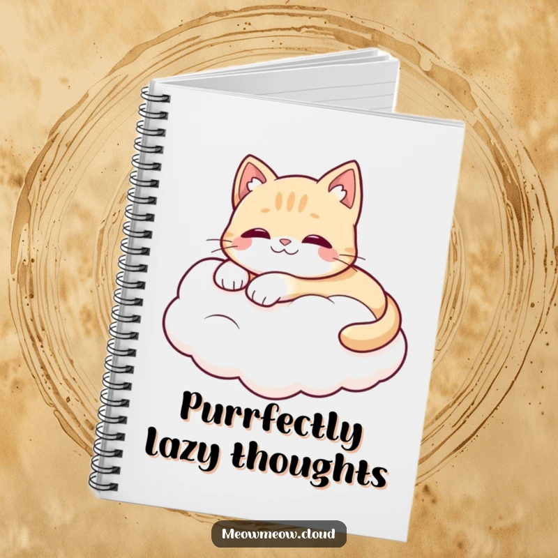 Funny notebook with a cute cat character lounging on a fluffy white cloud, inspiring dreamy thoughts.