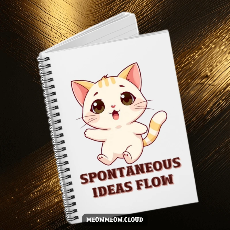 Funny surprised cat notebook depicting a cat being carried by a friendly wind gust, ideal for jotting ideas.
