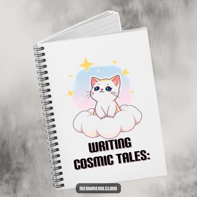 Funny notebook cover featuring a dreamy cat gazing at stars from a cloud, ideal for journaling cosmic ideas.