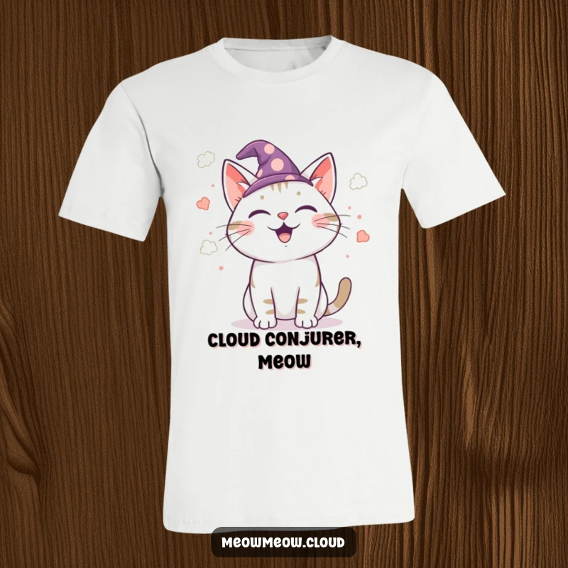 Funny wizard cat t-shirt, joyful cat in a wizard hat casting cloud confetti, magical and humorous apparel for fantasy lovers.