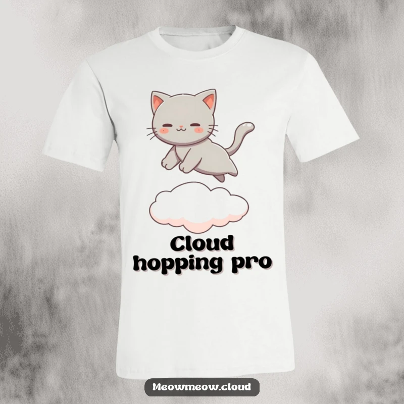 Funny Gray Cat Leaping T-Shirt showing a feline airborne, gracefully jumping from one cloud to another against a sky background. Athletic graphic tee.