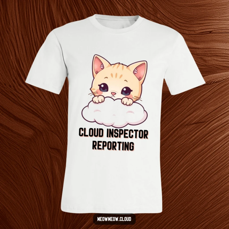 Funny cat t-shirt with a curious cat peering over a cloud, capturing innocent wonder and a hint of mischief.