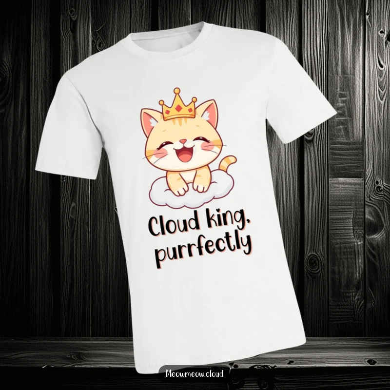 Funny cat t-shirt depicting a joyful cat adorned with a tiny crown, resting happily on a soft cloud.