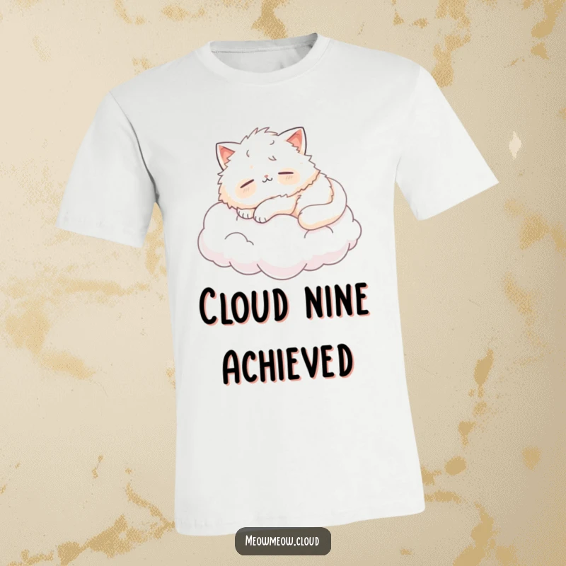 Funny fluffy cat sleeping peacefully on a cloud, depicted on a humorous and comfortable t-shirt.