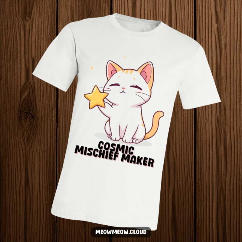 Funny t-shirt featuring a mischievous cat playfully poking a passing star in the vastness of space.
