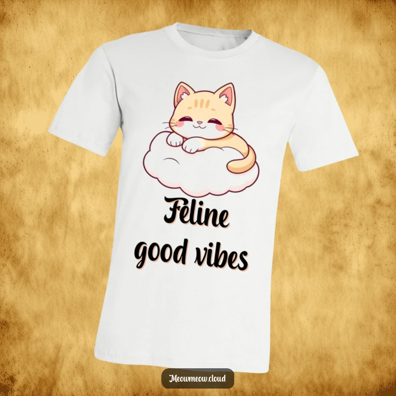 Funny t-shirt featuring a cute cat character comfortably lounging on a fluffy white cloud, embodying peace and contentment.