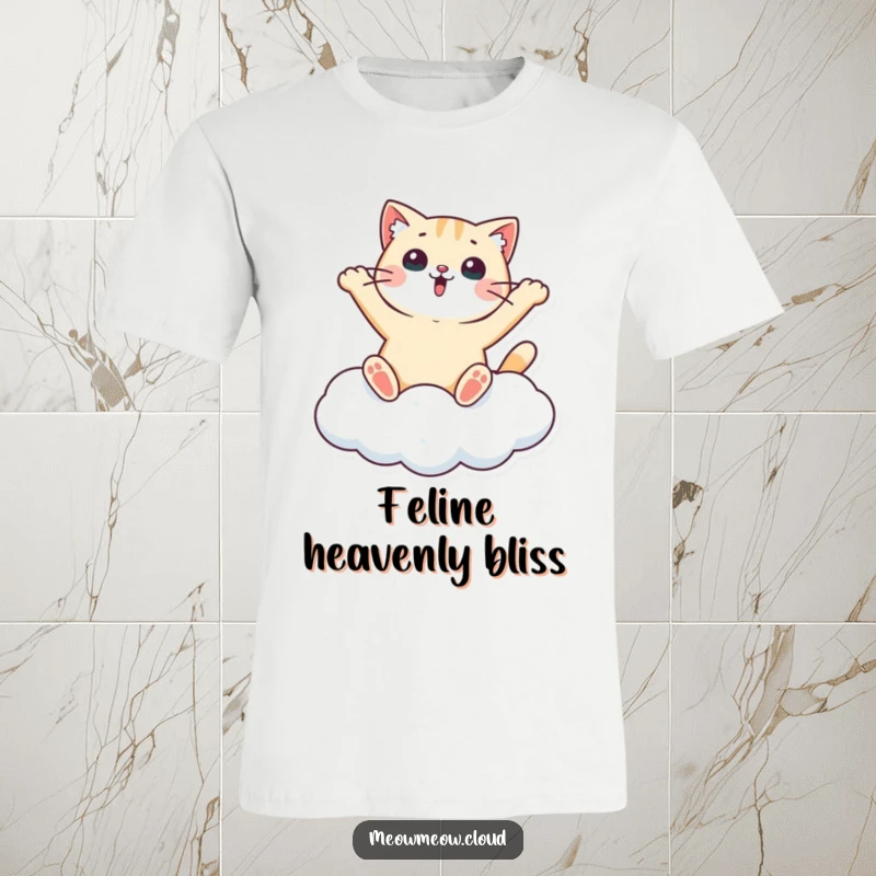 Funny t-shirt featuring a surprised cat creating a snow angel imprint on a soft cloud, evoking whimsical joy and feline delight.