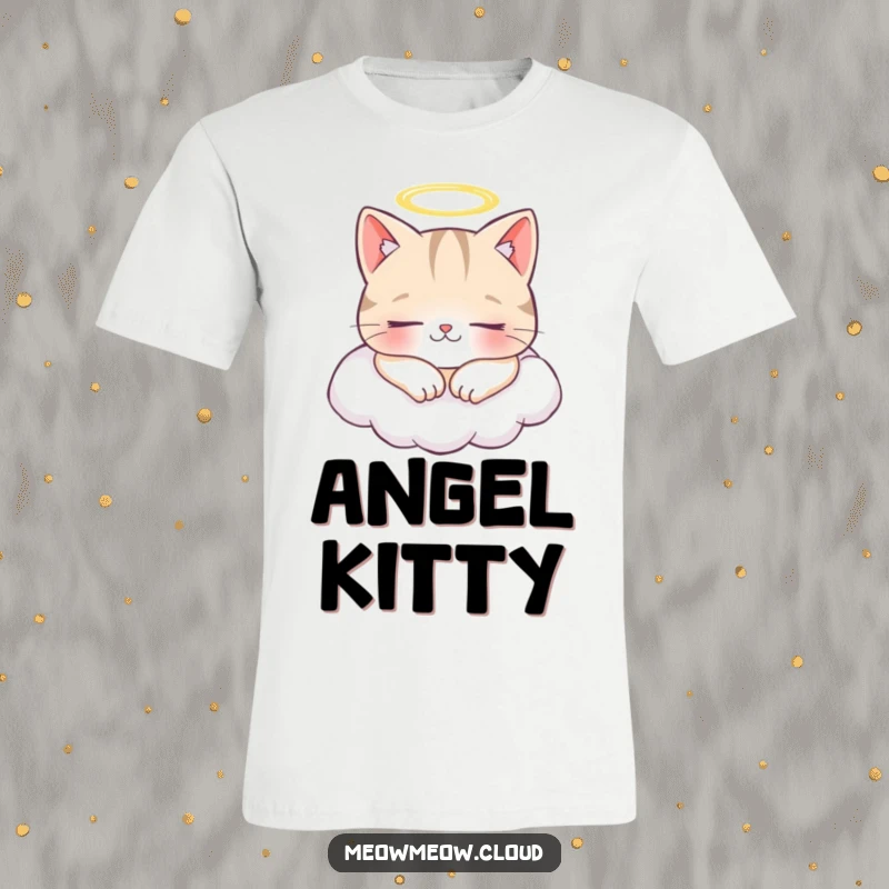 Funny t-shirt with a cheerful cat wearing a halo, napping soundly on a soft cloud, looking angelic.