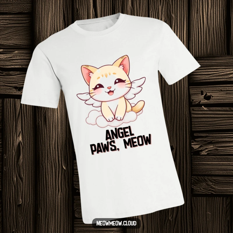 Funny angel cat t-shirt, a cat with tiny wings soaring through clouds, embodying grace and lightheartedness for comfort.