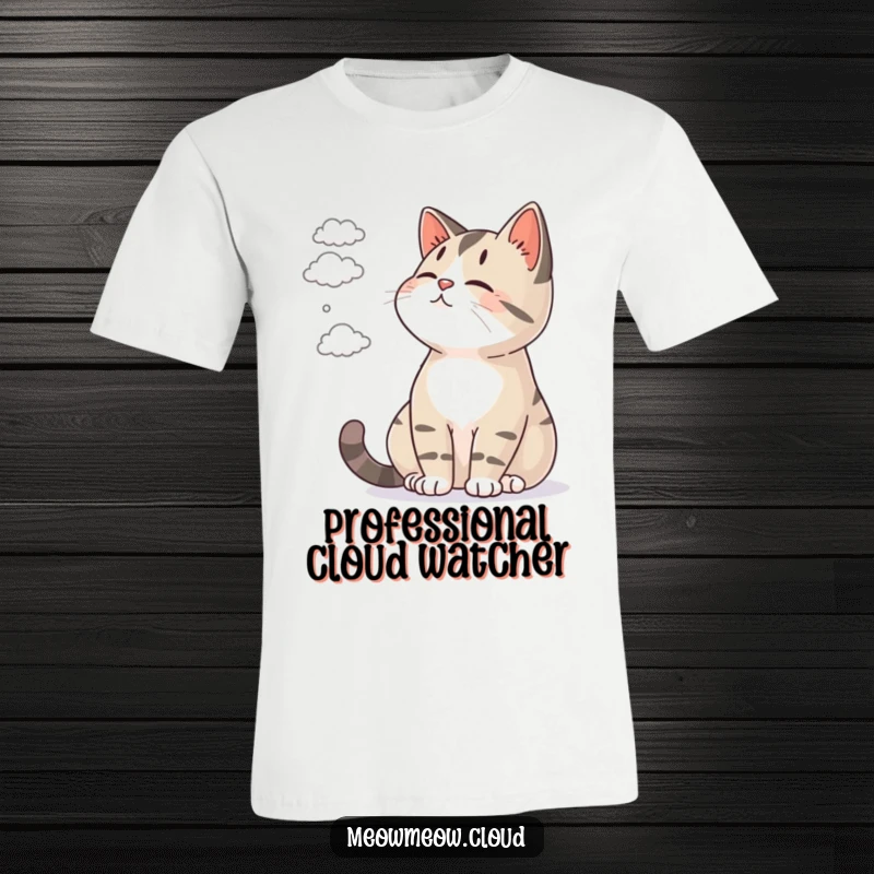 Funny t-shirt featuring a contented cat gazing upwards at tiny, fluffy clouds drifting in the sky.