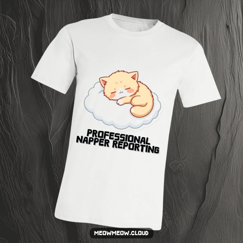 Funny T-shirt with a fluffy cat napping soundly on a cloud, expressing a love for sleep.