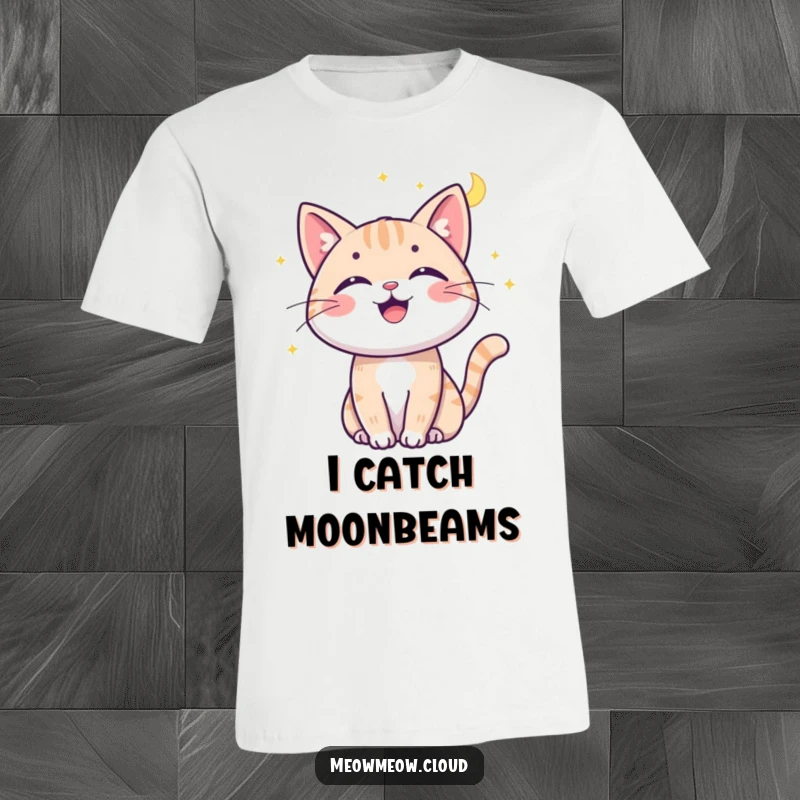 Funny cat moonbeam t-shirt depicting a cheerful cat playfully batting at a glowing moonbeam, full of cosmic delight.