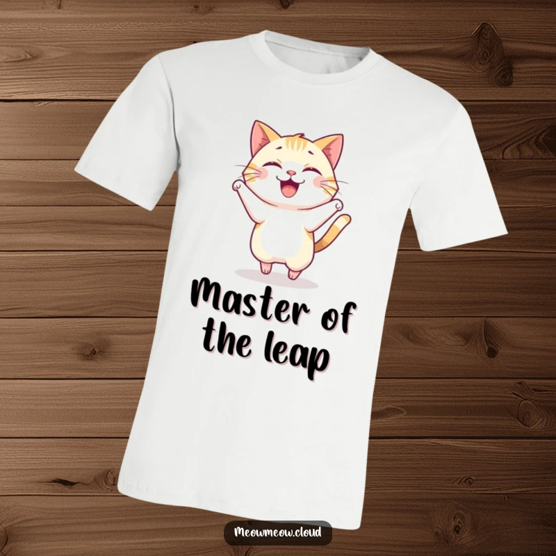 Funny t-shirt featuring a happy cat in mid-air, executing a delightful and energetic pounce.