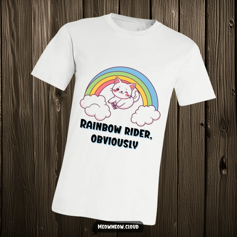 Funny t-shirt showing a playful cat gracefully sliding down a colorful rainbow arching over a fluffy cloud, a delightful design.