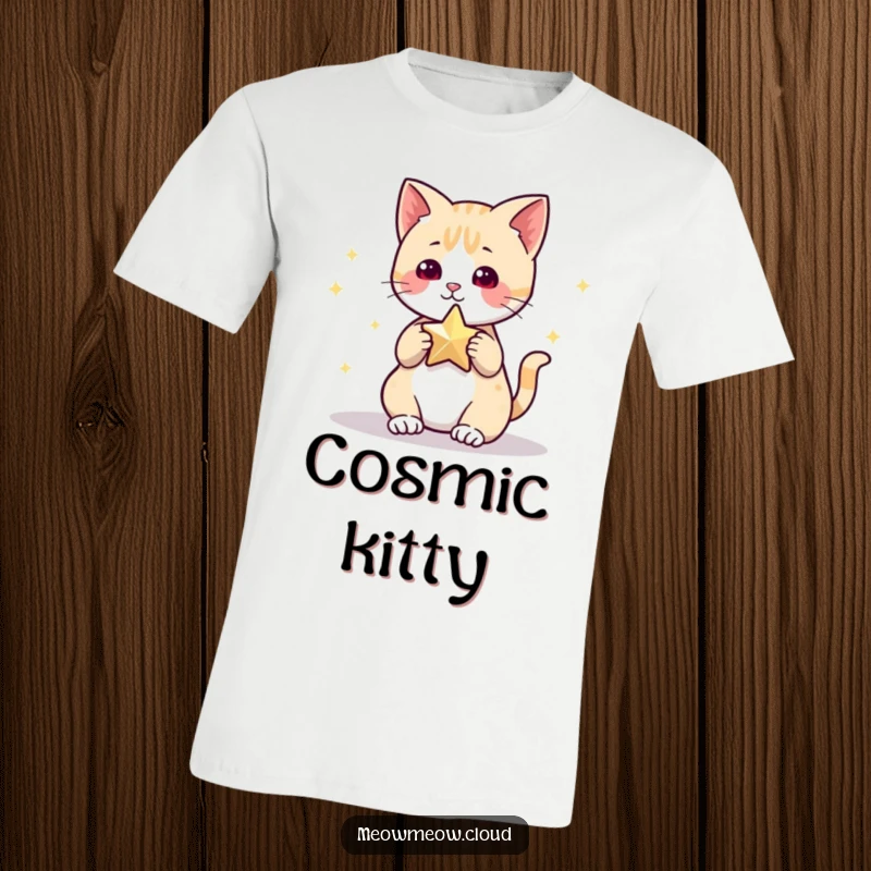 Funny T-Shirt with a delightful illustration of a cute cat character gleefully playing with a shimmering star against a starry backdrop.