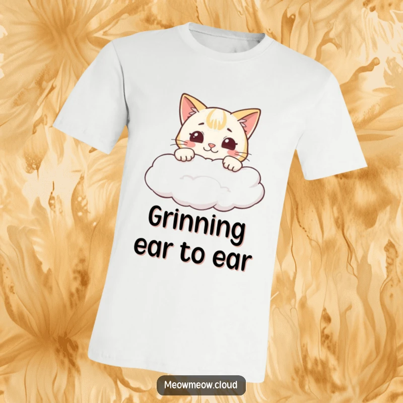Funny t-shirt featuring a cheeky cartoon cat peeking over a cloud with a happy, wide grin.