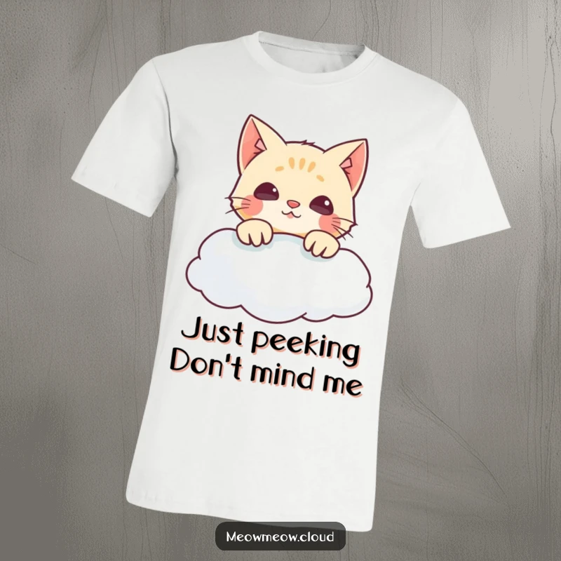 Funny t-shirt with a mischievous cat peeking over a cloud, embodying wonder and playful exploration. Great gift idea.