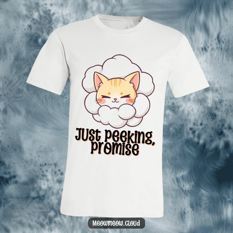 Funny t-shirt with a mischievous cat peeking from behind a big cumulonimbus cloud, full of playful mischief.