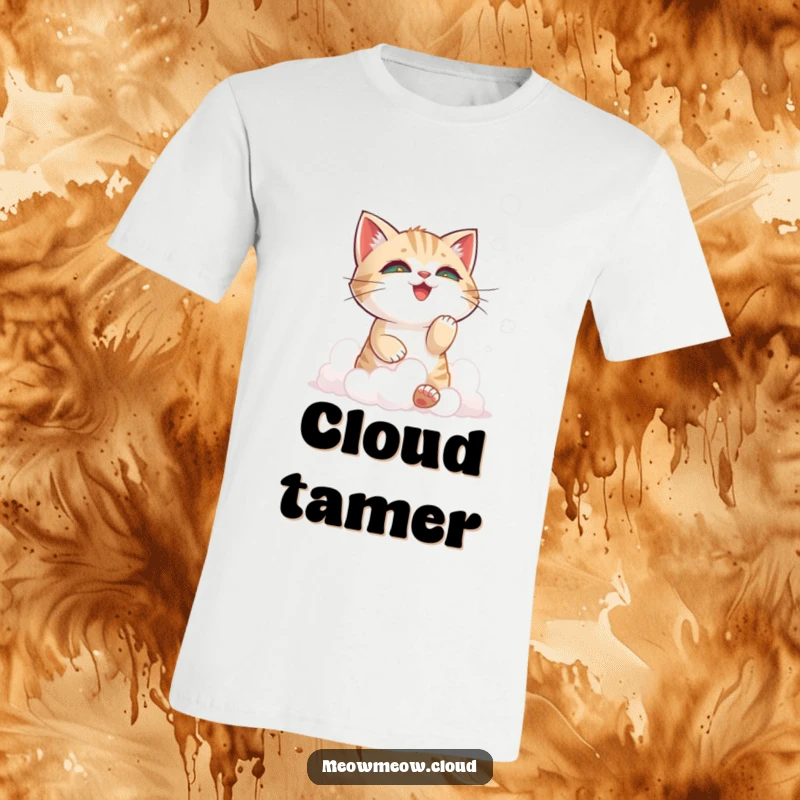 Funny cat playfully interacting with soft clouds, featured on a comfortable t-shirt, perfect for those who enjoy fun.
