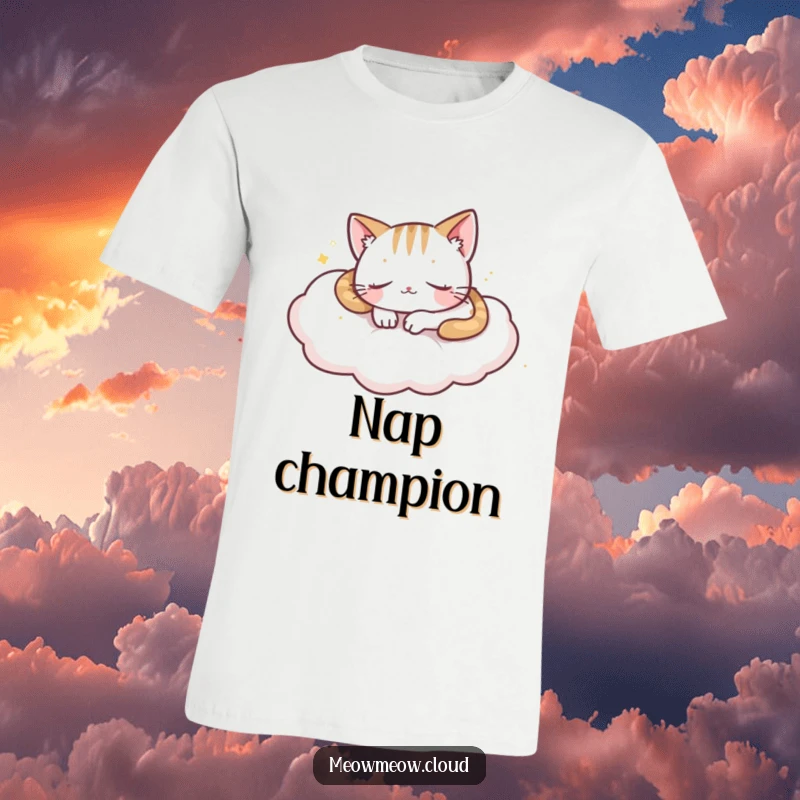 Funny playful cat sleeping soundly on a fluffy cloud, ideal for comfortable and humorous casual wear.