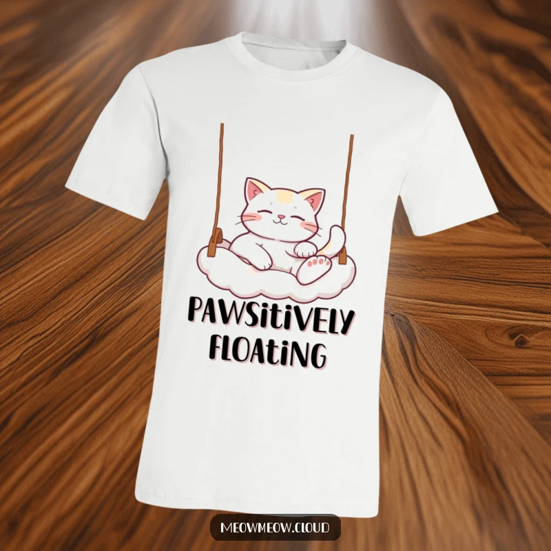 Funny Relaxed Cat T-Shirt: A humorous graphic of a cat napping on a cloud swing, symbolizing leisure and a carefree, funny attitude.