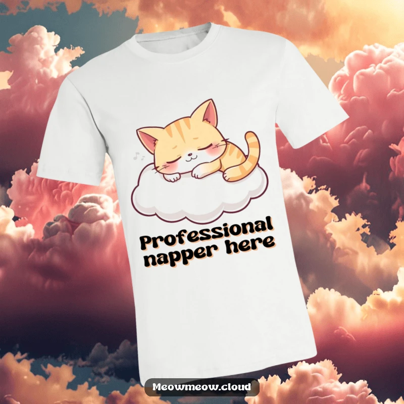 Funny t-shirt depicting a grinning cat peacefully sleeping on a fluffy cloud, perfect for cozy days and lighthearted moments.