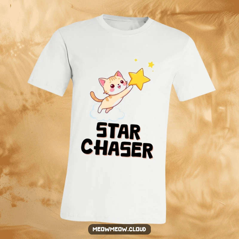 Funny happy cat actively chasing a shining star in a cloudy sky, ideal for inspirational and humorous apparel.