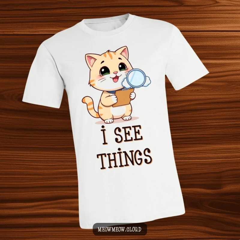 Funny cat inspector t-shirt, a smiling cat with a clipboard uses a magnifying glass to examine a cloud, perfect for curious minds.
