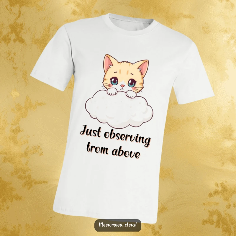Funny curious cat peering over a cloud's edge, a humorous t-shirt for sky gazers and funny gift ideas.