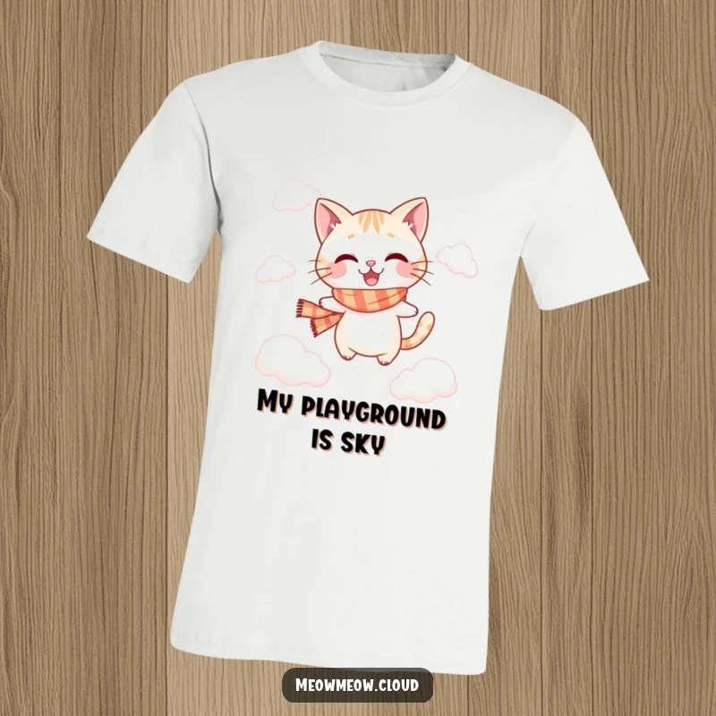 Funny playful cat t-shirt featuring a cat in a scarf, energetically jumping between soft clouds.