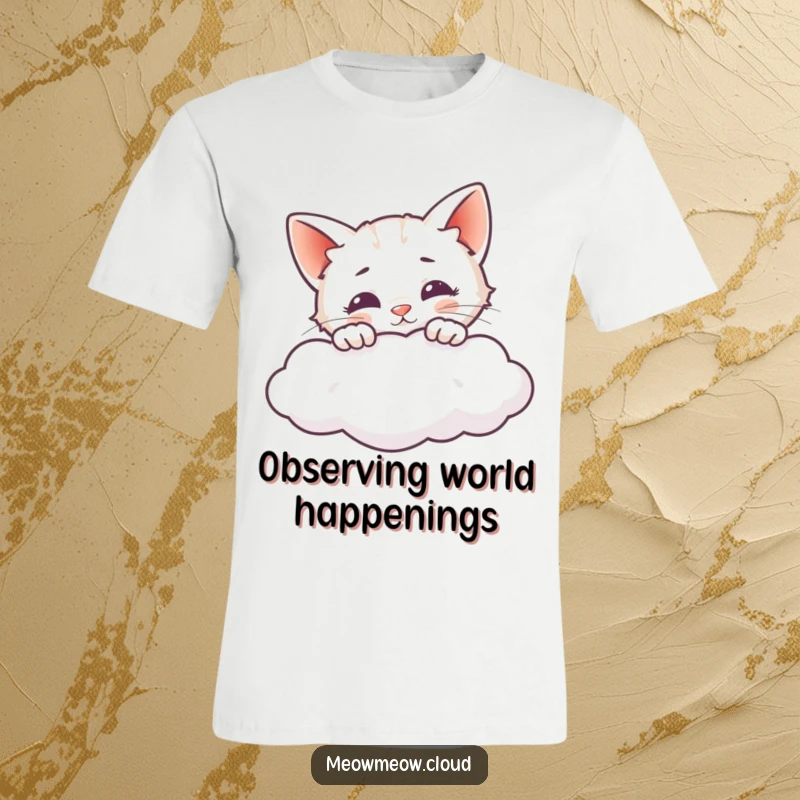 Funny T-shirt with a curious cat peeking over a cloud, embodying a sense of adventure.