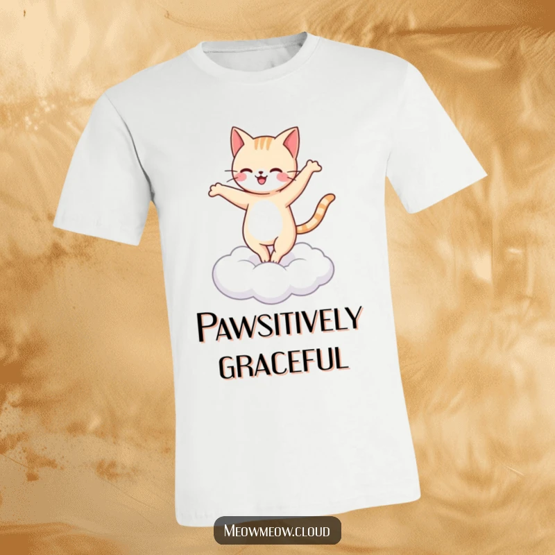 Funny happy cat ballet t-shirt depicting a feline performing a graceful pirouette on a cloud, full of joy.