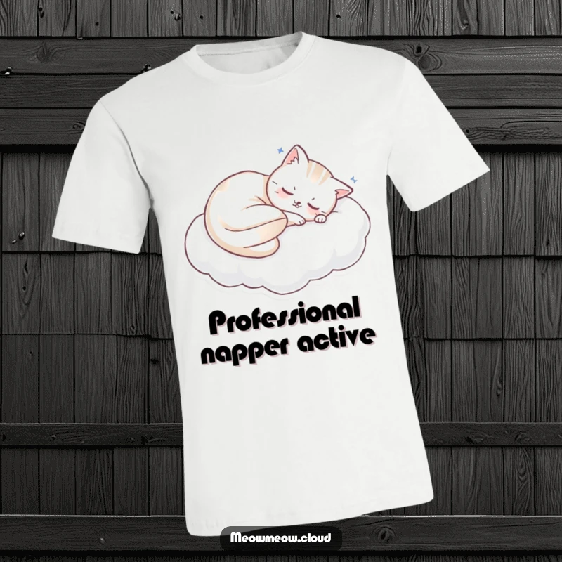 Funny sleeping cat curled on a cloud pillow, a humorous t-shirt for nap enthusiasts and funny gift ideas.