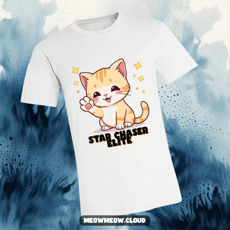 Funny cartoon cat playfully batting at bright stars with its paw, depicted on a humorous t-shirt.