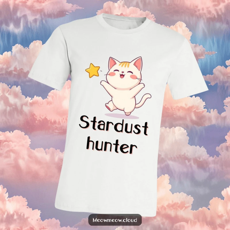 Funny t-shirt featuring a joyful cat energetically chasing a shining, twinkling star across a starry night sky.