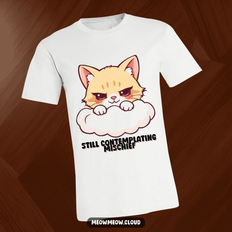 Funny t-shirt featuring a mischievous cartoon cat hiding behind a soft cloud, ready to surprise.