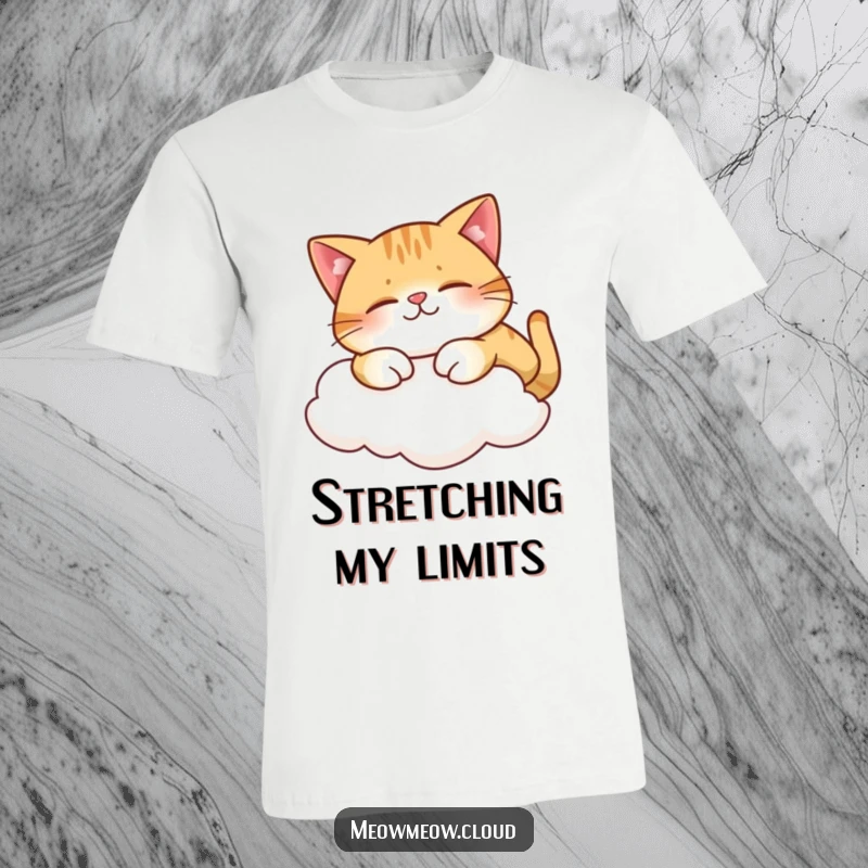 Funny T-shirt with a content cat stretching on a cloud, expressing a love for peace.