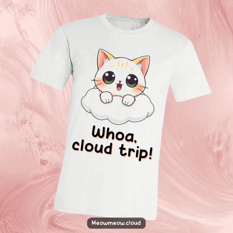 Funny cat t-shirt with a surprised cat having wide eyes, floating on a cloud, conveying humorous disbelief.