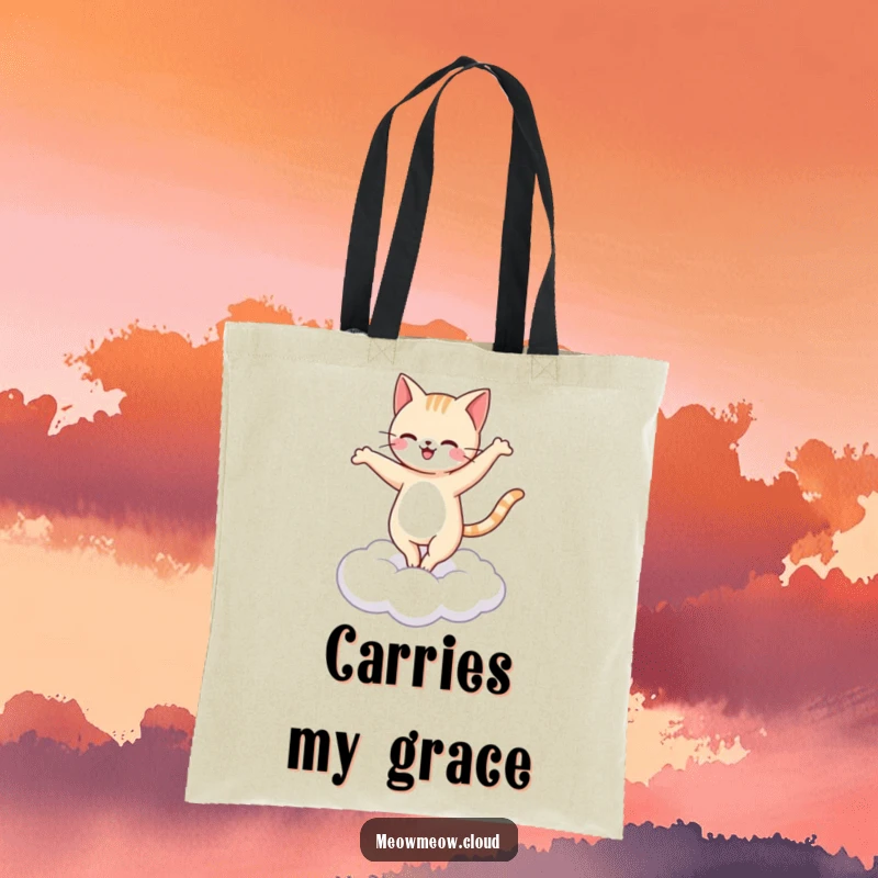 Funny happy cat ballet tote bag showing a cat pirouetting on a cloud, a stylish accessory.