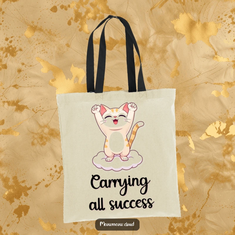Funny tote bag featuring a triumphant cat character on a cloud, arms up, celebrating a win, perfect for stylish, humorous daily use.