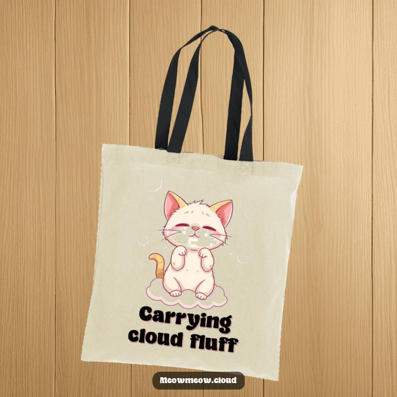 Funny cat cloud wisp tote bag showing a mischievous cat playing with fluffy clouds, a cute and practical accessory.