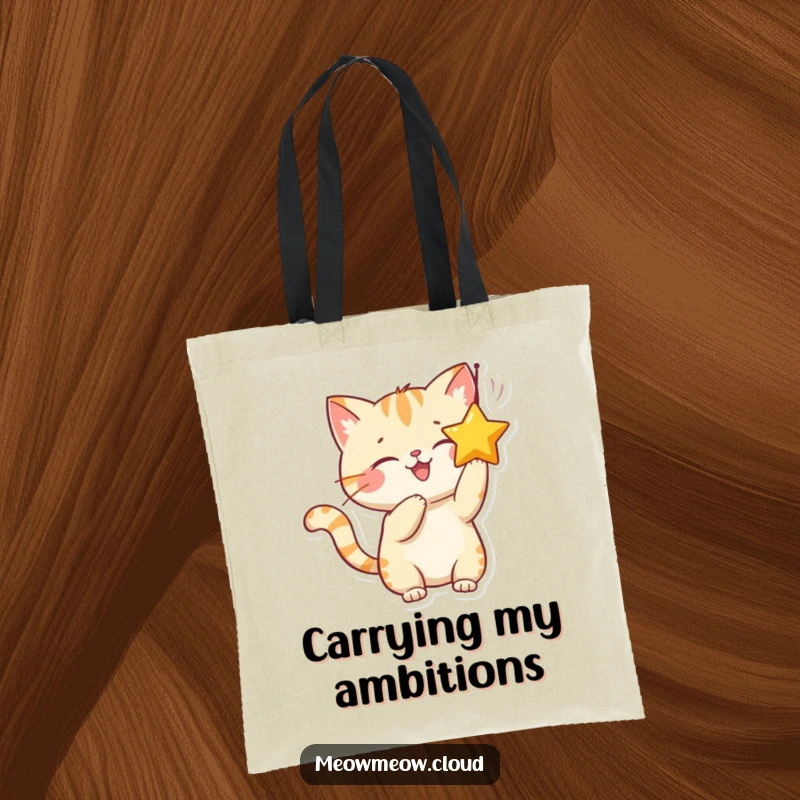 Funny tote bag with a smiling cat character playfully batting at a dangling star, perfect for carrying your happy vibes.